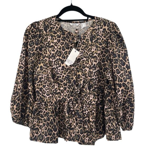 Kaktus Leopard Print Tie-Front Peplum Blouse Cotton Poplin Size Large NWT - Picture 2 of 13